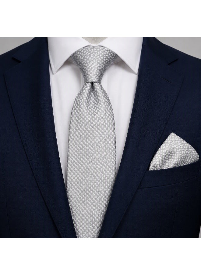 Men’s Silver Textured Necktie with Matching Pocket Square – 2-Piece Formal Set - Image 4