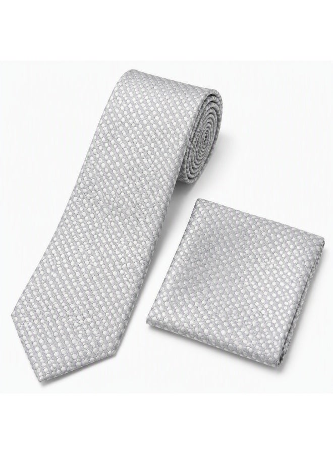 Men’s Silver Textured Necktie with Matching Pocket Square – 2-Piece Formal Set - Image 2
