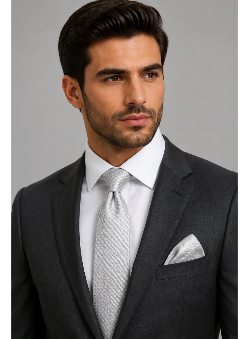 Men’s Silver Textured Necktie with Matching Pocket Square – 2-Piece Formal Set - Image 5