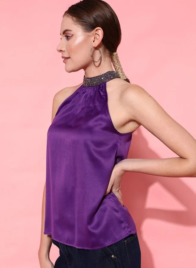 STREET 9 Purple Embellished Halter Neck Top for Women