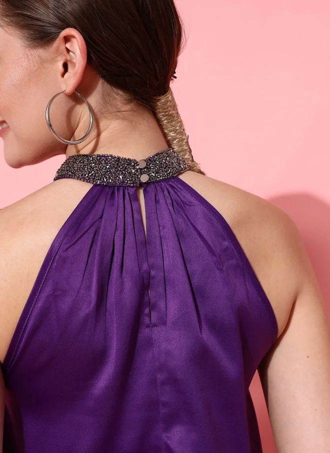 STREET 9 Purple Embellished Halter Neck Top for Women