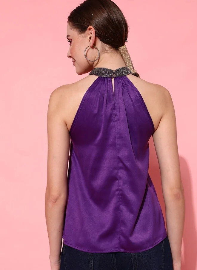 STREET 9 Purple Embellished Halter Neck Top for Women