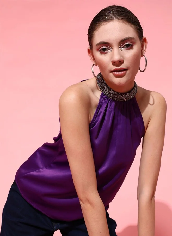 STREET 9 Purple Embellished Halter Neck Top for Women
