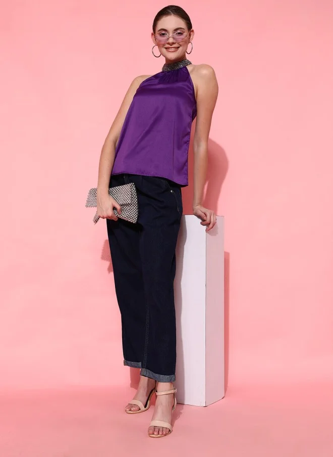 STREET 9 Purple Embellished Halter Neck Top for Women