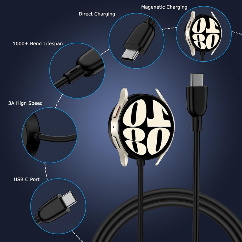 شاحن USB C لساعة Samsung Galaxy Watch 8/8 Classic/7/6 Classic/6/5 Pro/5/4/4 Classic/3/Active 2/Active 1، بالإضافة إلى شاحن مغناطيسي لاسلكي للساعة مع كابل من نوع Type-C بطول 0.9 متر. - Image 4
