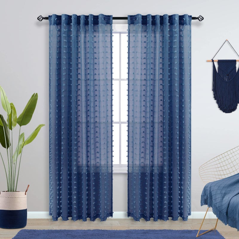 KOUFALL الستائر الأزرق البحرية 84 بوصة الطول لغرفة نوم الأولاد أطفال غرفة بوهو ديكور 2 لوحات وضع علامات تبويب القضيب جيب بوم بوم محكم شبه شفاف الستائر - Image 2