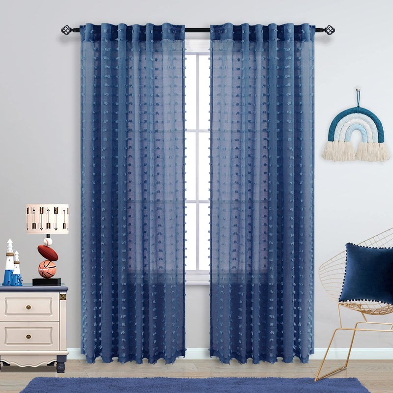 KOUFALL الستائر الأزرق البحرية 84 بوصة الطول لغرفة نوم الأولاد أطفال غرفة بوهو ديكور 2 لوحات وضع علامات تبويب القضيب جيب بوم بوم محكم شبه شفاف الستائر - Image 4