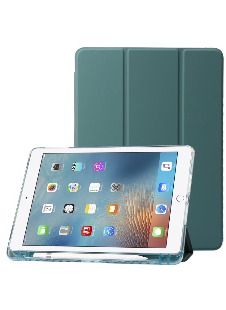 حافظة ثلاثية الطي مع حامل لجهاز iPad Air (2013)/Air 2/iPad 9.7 بوصة (2017)/(2018) مصنوعة من جلد البولي يوريثان + غطاء أكريليك شفاف - أخضر مائل إلى الأسود - Image 1