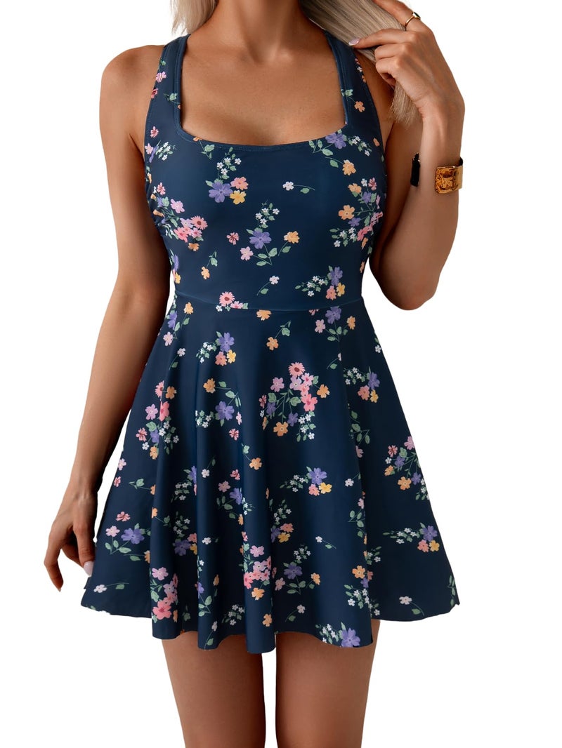 B2prity Women's One Piece Swimdress Swimsuit Tummy Control Swim Dress Modest Full Coverage Bathing Suit with Side Pocket - Image 1