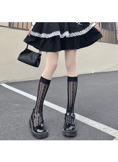 Lolita Over-Knee Socks Lace Trim Summer Black Stockings Vertical Strip love calf socks Black