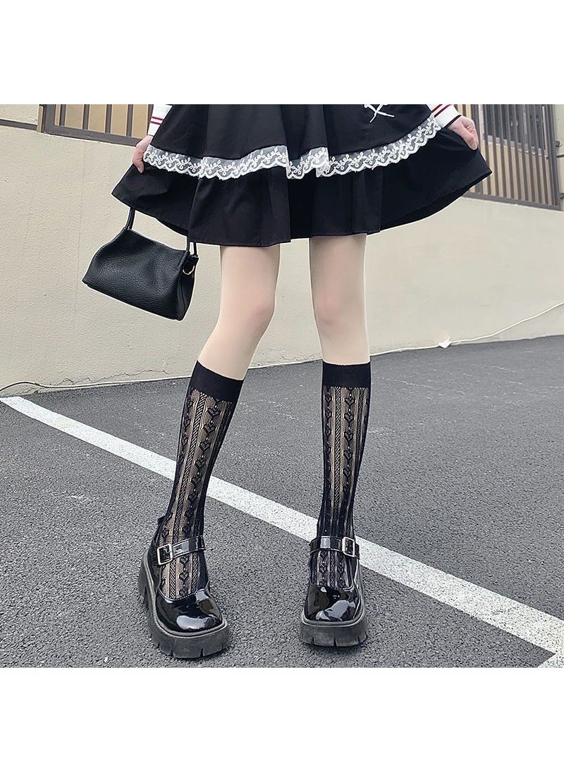 Generic - Lolita Over-Knee Socks Lace Trim Summer Black Stockings Vertical Strip love calf socks Black - Image 1