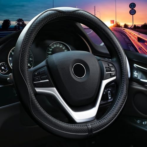 Valleycomfy Steering Wheel Covers Universal 15 inch Genuine Leather Breathable Anti Slip Odor Free Black with Black Lines M14 1215 14 - Image 1