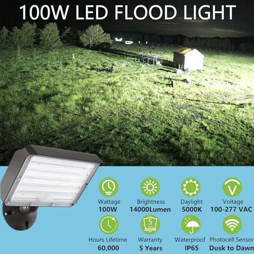 WHLED 2Pack Dusk to Dawn Outdoor 100W LED Flood Light with Knuckle (Plate Included), 14000LM 1000W Equiv., 100-277V 5000K, ETL Commercial Waterproof LED Floodlight Fixture, Security Lighting for Parking Lot - Image 2