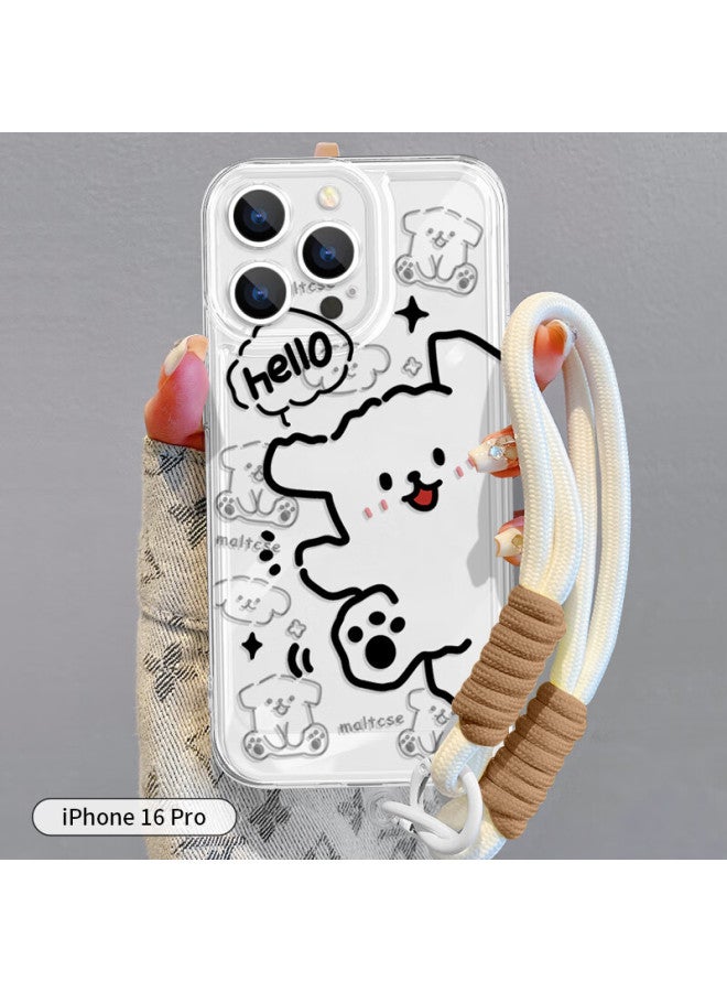 Inkaida Yingkaida Iphone 16 Pro Case, Full Camera Protection, Shockproof, Skin-friendly, For Men And Women, Transparent With Striped Dog Design, Includes Lanyard - Image 1