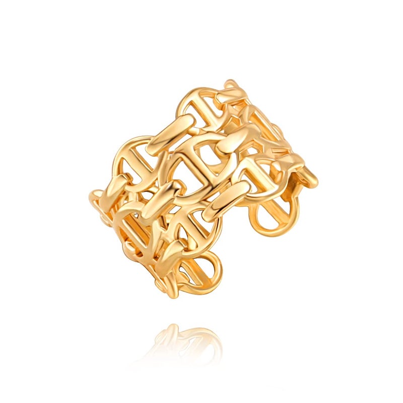 POTESSA 18K Gold Plated Chunky Ring for Women Stackable Mariner Chain Link Open Adjustable Wide Band Ring - Image 1