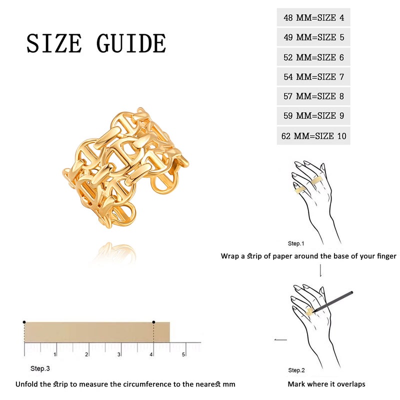 POTESSA 18K Gold Plated Chunky Ring for Women Stackable Mariner Chain Link Open Adjustable Wide Band Ring - Image 4