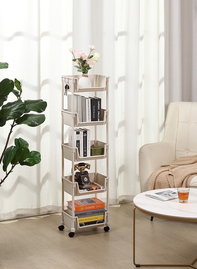 LAWAZIM Movable Bookshelf Storage - 5 Layer, White, 34.5x25x125.5cm - Easy to Assemble Rolling Cart with Lockable Wheels, Open-Front Bins, and Side Hooks - for Organizing Home Office Kitchen Bathroom  - Image 1