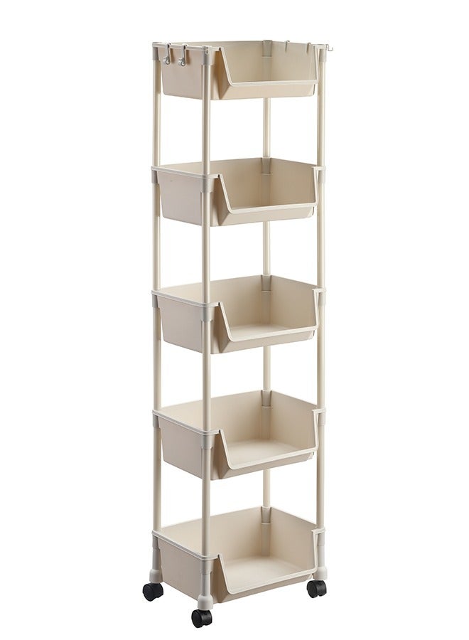 LAWAZIM Movable Bookshelf Storage - 5 Layer, White, 34.5x25x125.5cm - Easy to Assemble Rolling Cart with Lockable Wheels, Open-Front Bins, and Side Hooks - for Organizing Home Office Kitchen Bathroom  - Image 3