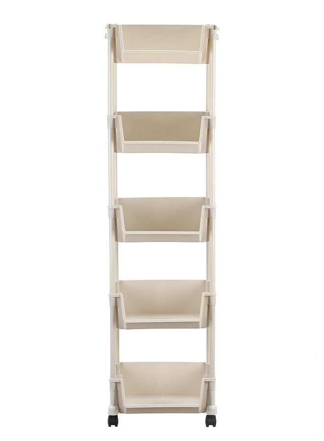 LAWAZIM Movable Bookshelf Storage - 5 Layer, White, 34.5x25x125.5cm - Easy to Assemble Rolling Cart with Lockable Wheels, Open-Front Bins, and Side Hooks - for Organizing Home Office Kitchen Bathroom  - Image 4