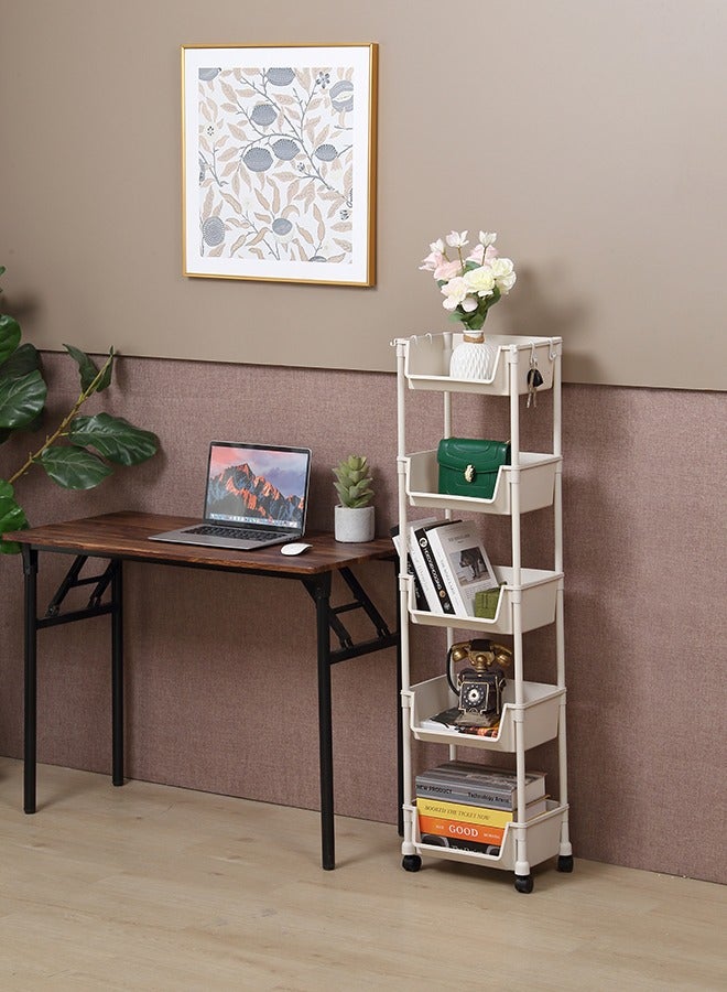 LAWAZIM Movable Bookshelf Storage - 5 Layer, White, 34.5x25x125.5cm - Easy to Assemble Rolling Cart with Lockable Wheels, Open-Front Bins, and Side Hooks - for Organizing Home Office Kitchen Bathroom  - Image 2