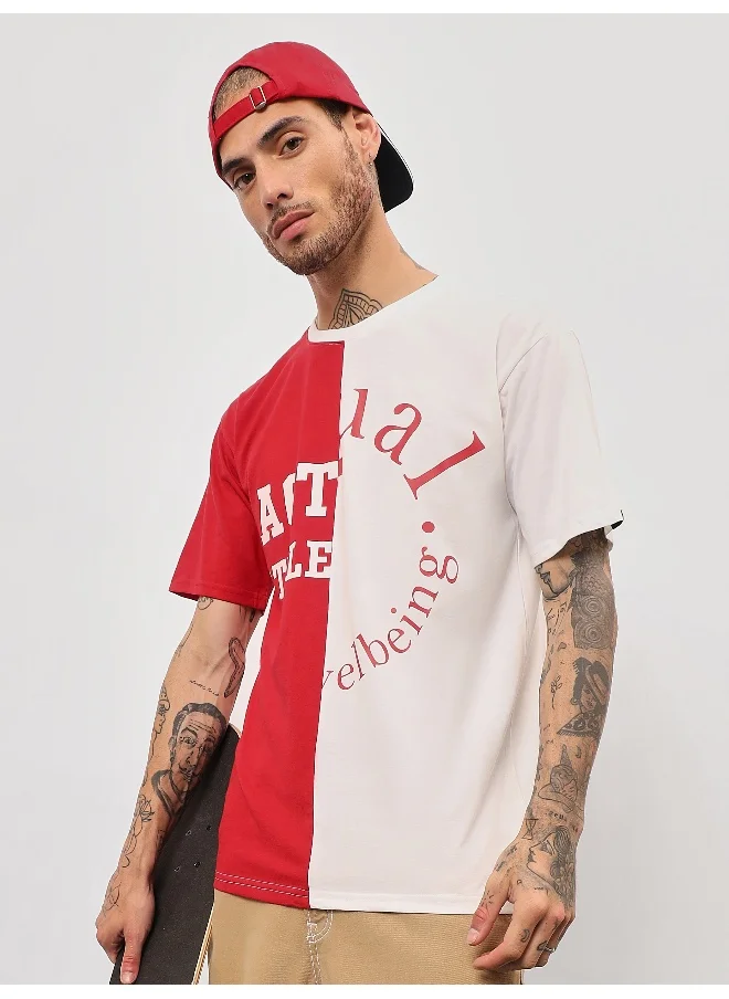 Beyoung Red-White Color Block Oversized T-shirt for Men