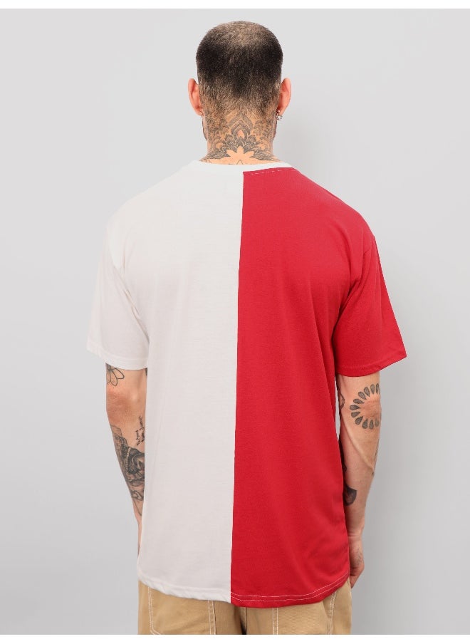 Beyoung Red-White Color Block Oversized T-shirt for Men  - Image 2