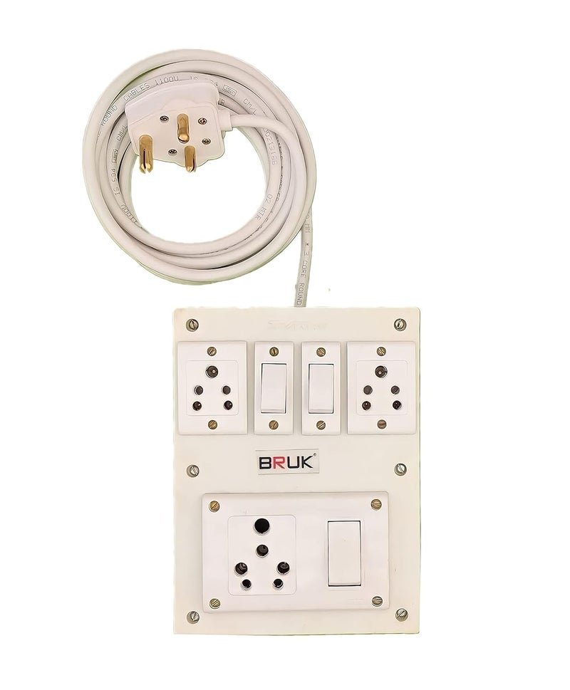 BRUK Bruk Extension Board with Long 15 sqmm 3 cor Wire 16A Switch Socket Combined 6A 2 Switch 2 Socket Board with 6A Small Plug 2 Meter Wire  - Image 1