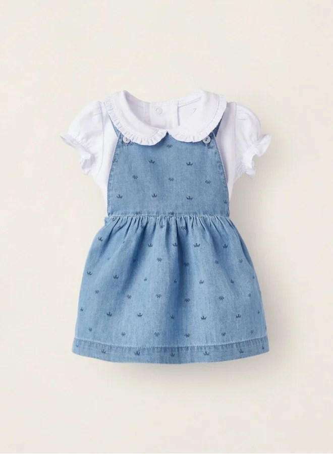 Zippy Cotton T-shirt + Pinafore for Newborn Baby Girls 'Princess', Blue/White