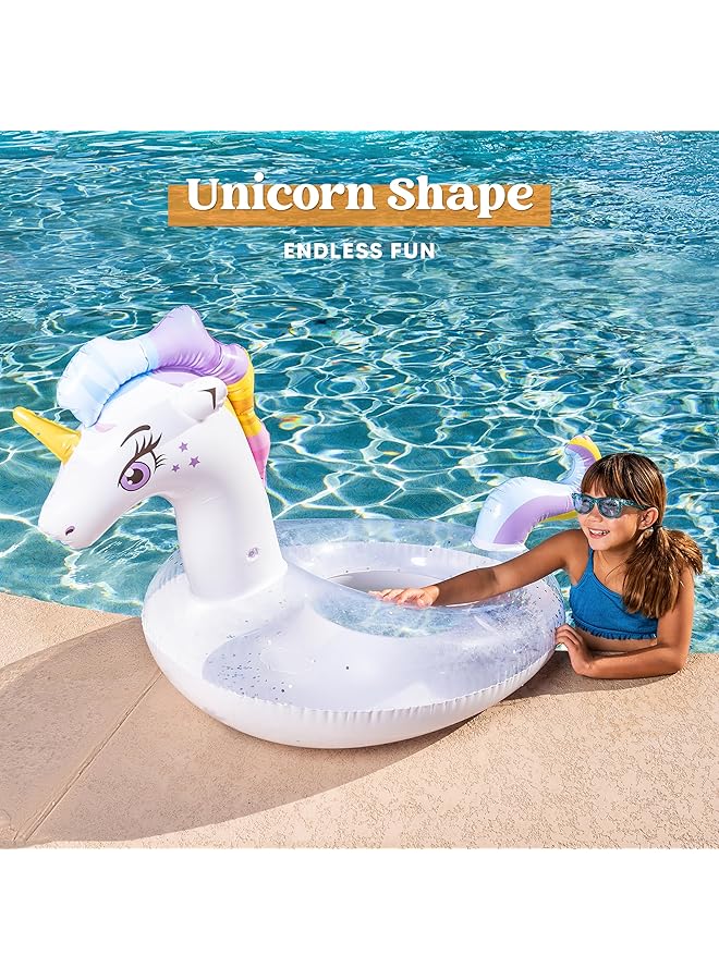 جوين مرتبة هوائية قابلة للنفخ على شكل وحيد القرن مع حلقة سباحة لامعة للبالغين، طوق سباحة للشاطئ، لعبة حمام سباحة، ديكور حفلات صيفي للأطفال (130 × 85 × 82.5 سم) - Image 4