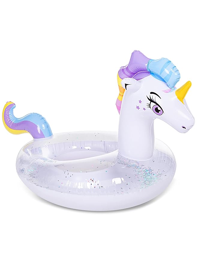 جوين مرتبة هوائية قابلة للنفخ على شكل وحيد القرن مع حلقة سباحة لامعة للبالغين، طوق سباحة للشاطئ، لعبة حمام سباحة، ديكور حفلات صيفي للأطفال (130 × 85 × 82.5 سم) - Image 1