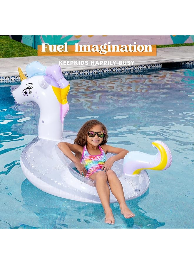 جوين مرتبة هوائية قابلة للنفخ على شكل وحيد القرن مع حلقة سباحة لامعة للبالغين، طوق سباحة للشاطئ، لعبة حمام سباحة، ديكور حفلات صيفي للأطفال (130 × 85 × 82.5 سم) - Image 3