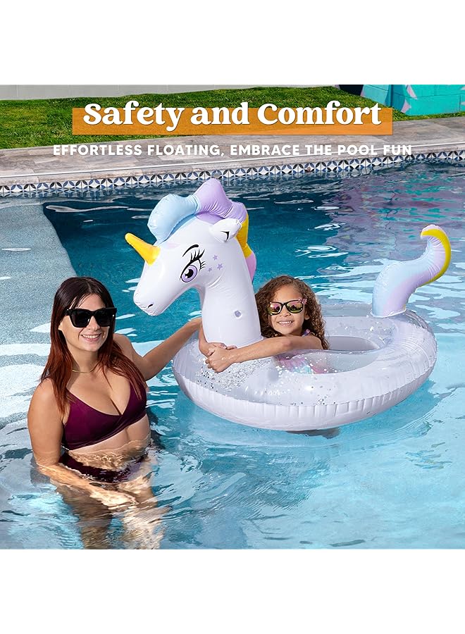 جوين مرتبة هوائية قابلة للنفخ على شكل وحيد القرن مع حلقة سباحة لامعة للبالغين، طوق سباحة للشاطئ، لعبة حمام سباحة، ديكور حفلات صيفي للأطفال (130 × 85 × 82.5 سم) - Image 2