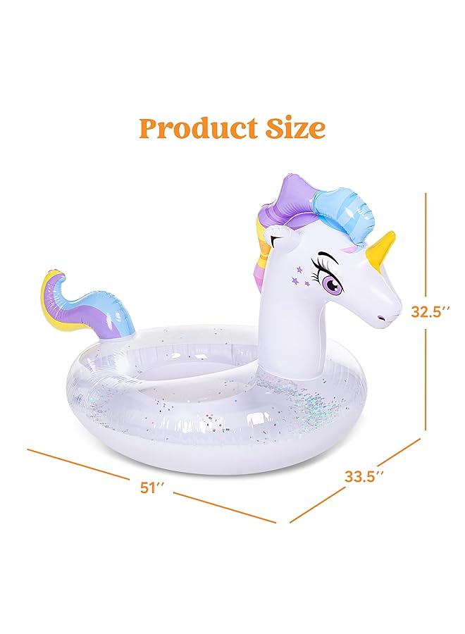 جوين مرتبة هوائية قابلة للنفخ على شكل وحيد القرن مع حلقة سباحة لامعة للبالغين، طوق سباحة للشاطئ، لعبة حمام سباحة، ديكور حفلات صيفي للأطفال (130 × 85 × 82.5 سم) - Image 5