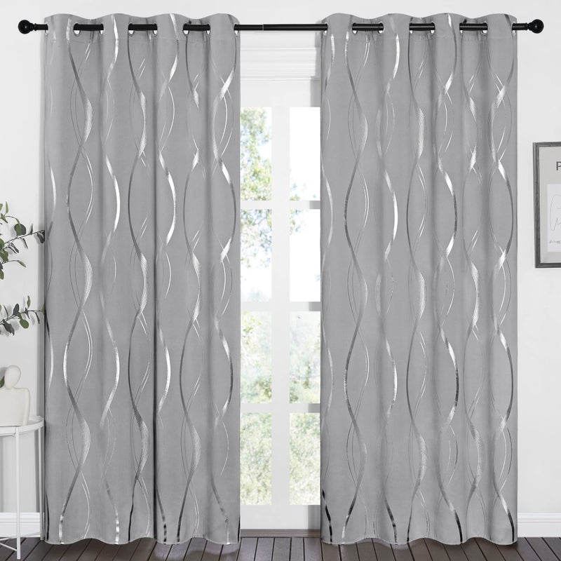 PONY DANCE Thermal Insulated Curtains for Bedroom  Energy Saving Foil Printed Blackout Curtains with Eyelet Door Curtains 84 Inch Drop Panels for Living Room 52 Inch Wide Silver Grey 2 Panels
