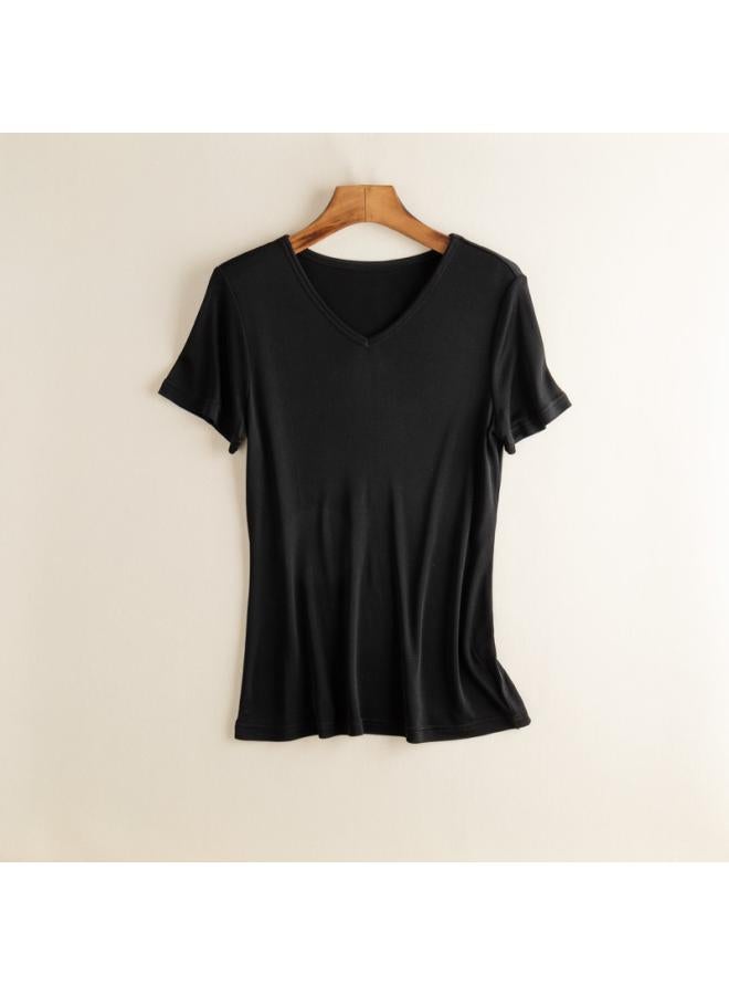 VUELO Mulberry Silk Short-sleeved Solid Color Shirt V-neck Simple Bottoming Shirt Thin Loose Plus Size Silk T-shirt Women's