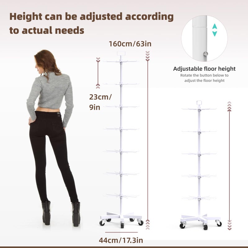 YEOOE Upgraded Retail Display Stand 7 Tier Spinning Display Stand, Movable Shop Spinner Rack with Hooks, Retail Display Racks for Jewelry Keyring Hats Socks Toys (White) - Image 2