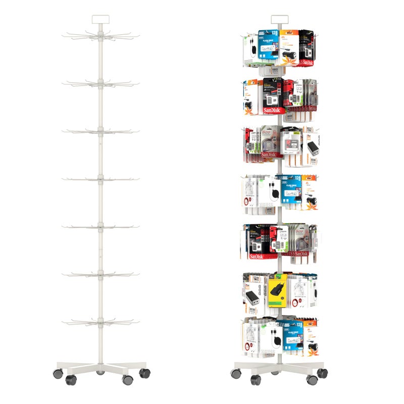 YEOOE Upgraded Retail Display Stand 7 Tier Spinning Display Stand, Movable Shop Spinner Rack with Hooks, Retail Display Racks for Jewelry Keyring Hats Socks Toys (White) - Image 1