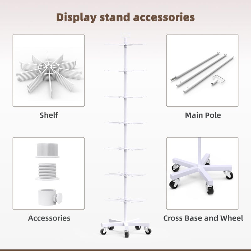 YEOOE Upgraded Retail Display Stand 7 Tier Spinning Display Stand, Movable Shop Spinner Rack with Hooks, Retail Display Racks for Jewelry Keyring Hats Socks Toys (White) - Image 4