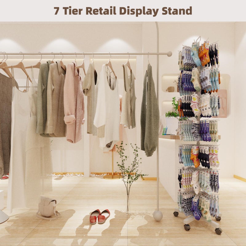 YEOOE Upgraded Retail Display Stand 7 Tier Spinning Display Stand, Movable Shop Spinner Rack with Hooks, Retail Display Racks for Jewelry Keyring Hats Socks Toys (White) - Image 5