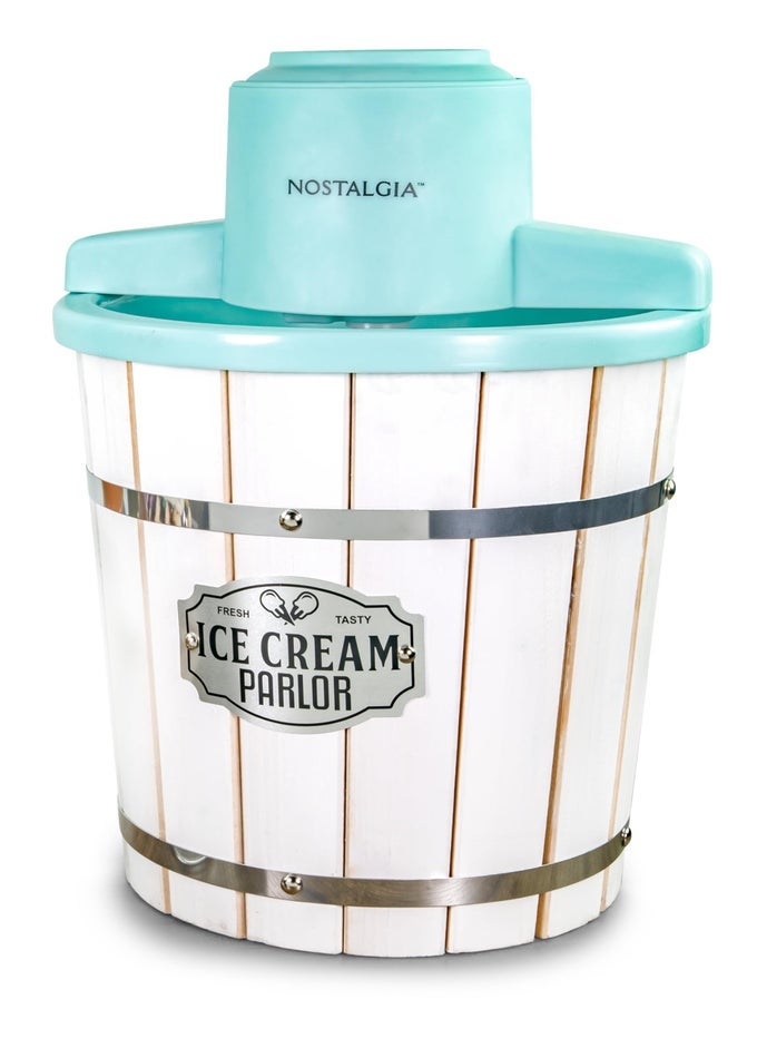 ELECTRIC ICE CREAM MAKER WOOD BUCKET PARLOR STYLE OLD FASHIONED SOFT SERVE ICE CREAM MACHINE MAKES FROZEN YOGURT OR GELATO IN MINUTES FUN KITCHEN APPLIANCE WHITE AQUA 4 QUART