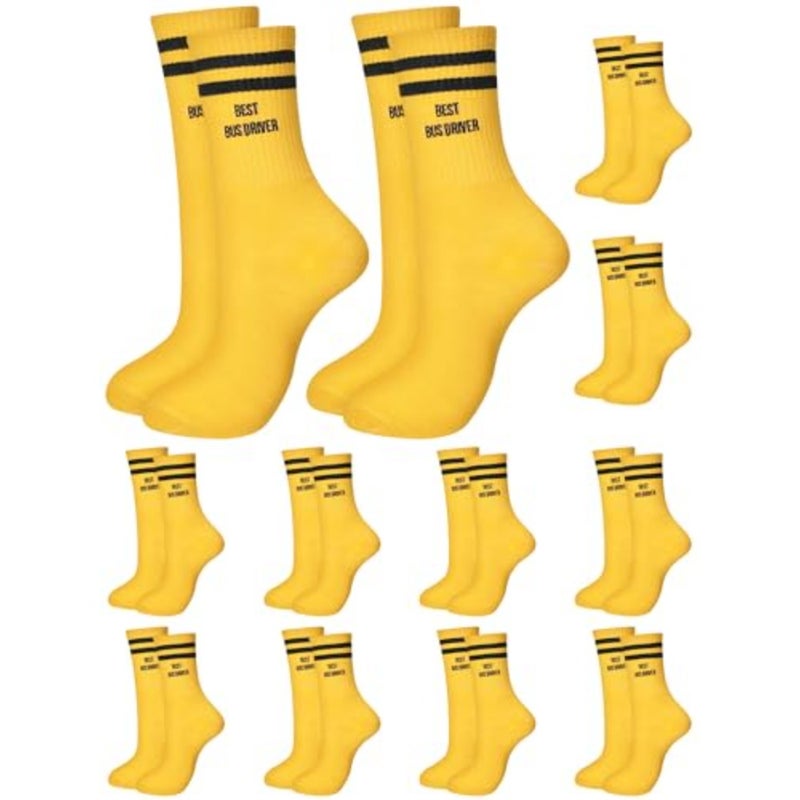 12 Pairs Best Bus Driver Socks School Bus Driver Appreciation Gifts Bulk Yellow and Black Stripes Embroidered Novelty Occupation Crew Socks Back to School Gifts for Men Women - Image 1