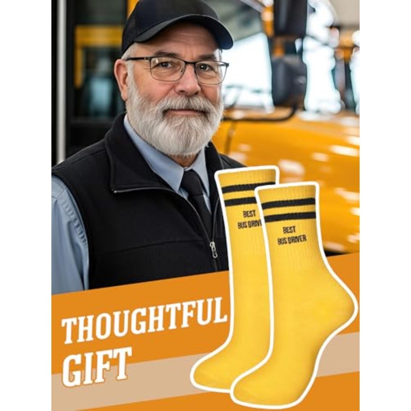 12 Pairs Best Bus Driver Socks School Bus Driver Appreciation Gifts Bulk Yellow and Black Stripes Embroidered Novelty Occupation Crew Socks Back to School Gifts for Men Women - Image 3