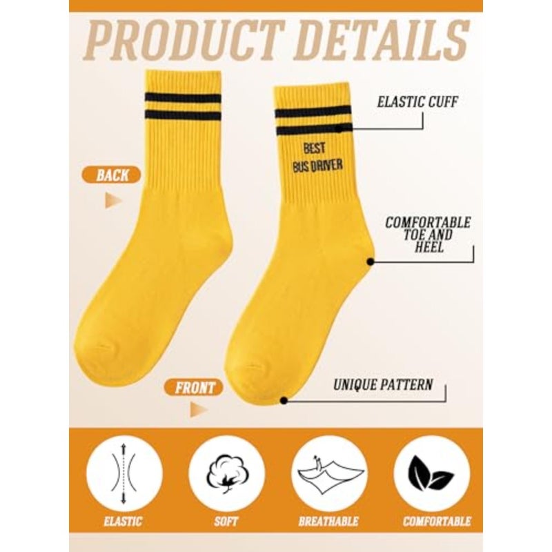 12 Pairs Best Bus Driver Socks School Bus Driver Appreciation Gifts Bulk Yellow and Black Stripes Embroidered Novelty Occupation Crew Socks Back to School Gifts for Men Women - Image 4