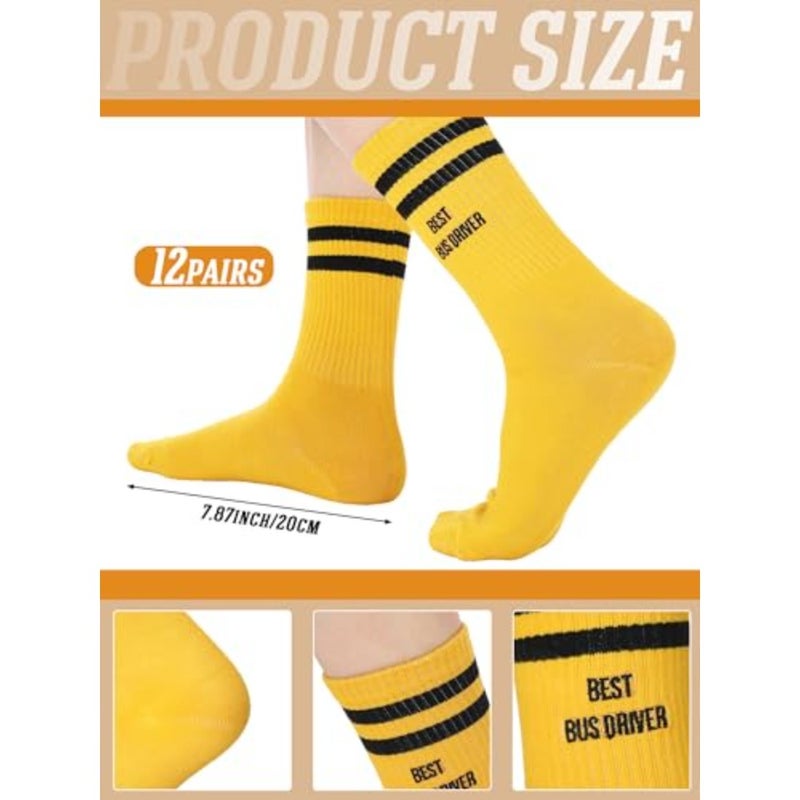 12 Pairs Best Bus Driver Socks School Bus Driver Appreciation Gifts Bulk Yellow and Black Stripes Embroidered Novelty Occupation Crew Socks Back to School Gifts for Men Women - Image 5