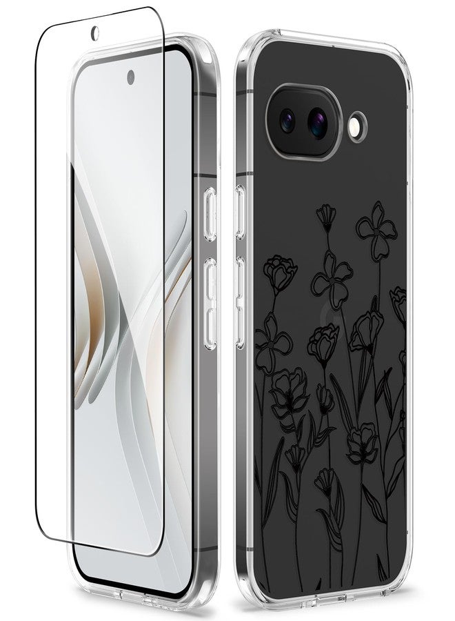 جراب GVIEWIN لهاتف Google Pixel 9a، [واقي شاشة] [حماية فائقة] جراب هاتف نسائي شفاف رفيع مقاوم للصدمات بتصميم زهور لهاتف Pixel 9a (رسم تخطيطي/أسود) - Image 1