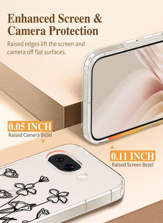 جراب GVIEWIN لهاتف Google Pixel 9a، [واقي شاشة] [حماية فائقة] جراب هاتف نسائي شفاف رفيع مقاوم للصدمات بتصميم زهور لهاتف Pixel 9a (رسم تخطيطي/أسود) - Image 5