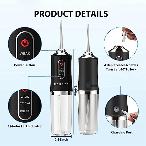 HANNEA® Professional Cordless Dental Flosser, Portable Oral Irrigator for Teeth, 3 Modes Rechargeable & IPX7 Waterproof Teeth Cleaner with 220ml Detachable Water Tank for Home Travel, Black - Image 2