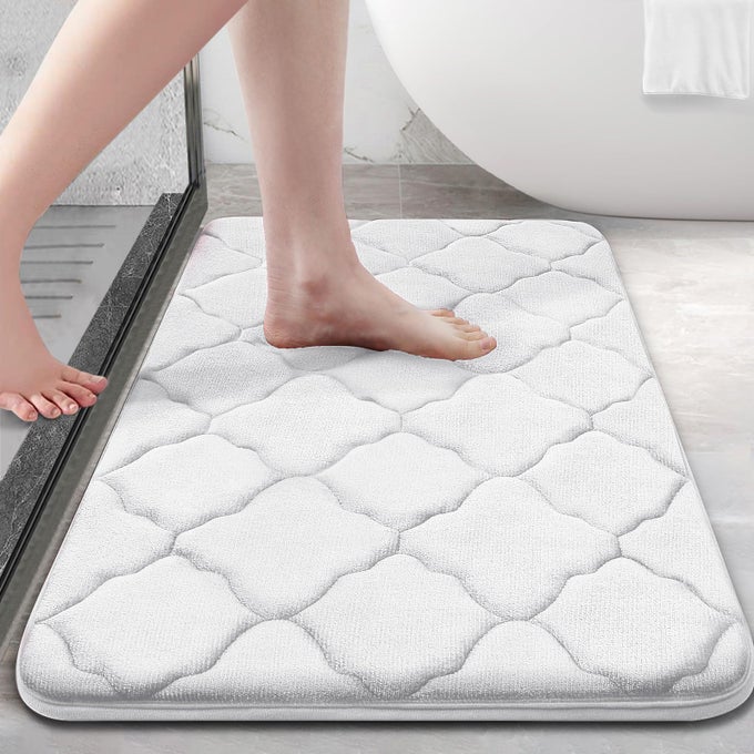 MEMORY FOAM BATH MAT RUG 30X20 SOFT AND ABSORBENT BATHROOM RUGS NONSLIP COMFORTABLE MACHINE WASHABLE BATH CARPET FOR BATHROOM FLOOR TUB SHOWER AND HOME DECOR ACCESSORIES WHITE