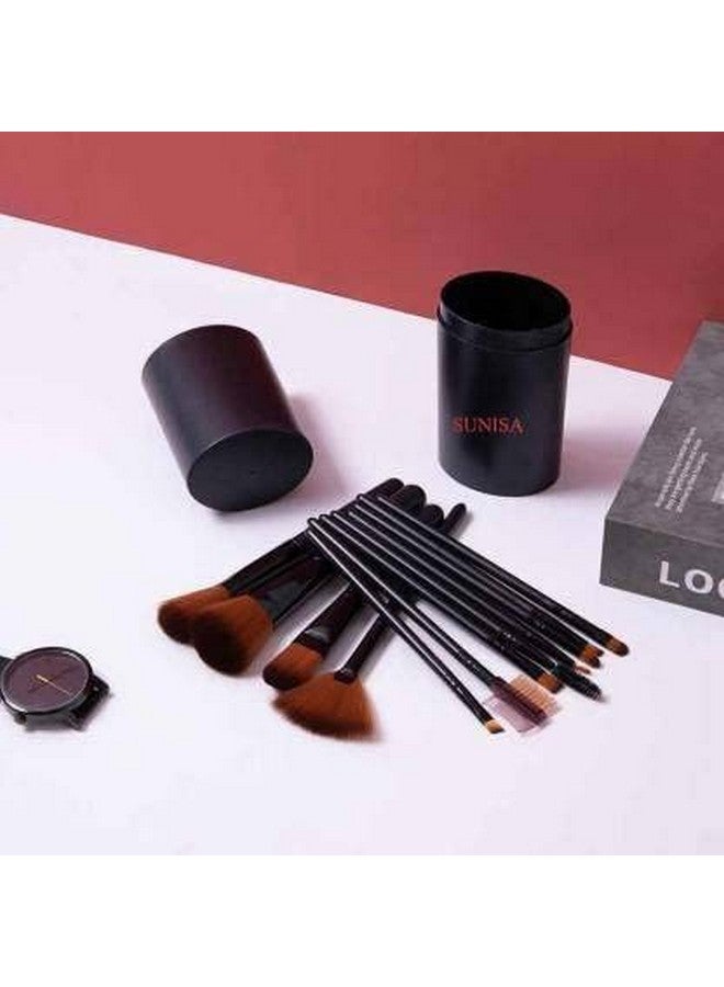SUNISA Black Soft Synthetic Bristles Makeup Brushes Set Of 12 With Storage Case - (Pack Of 13) - Image 1