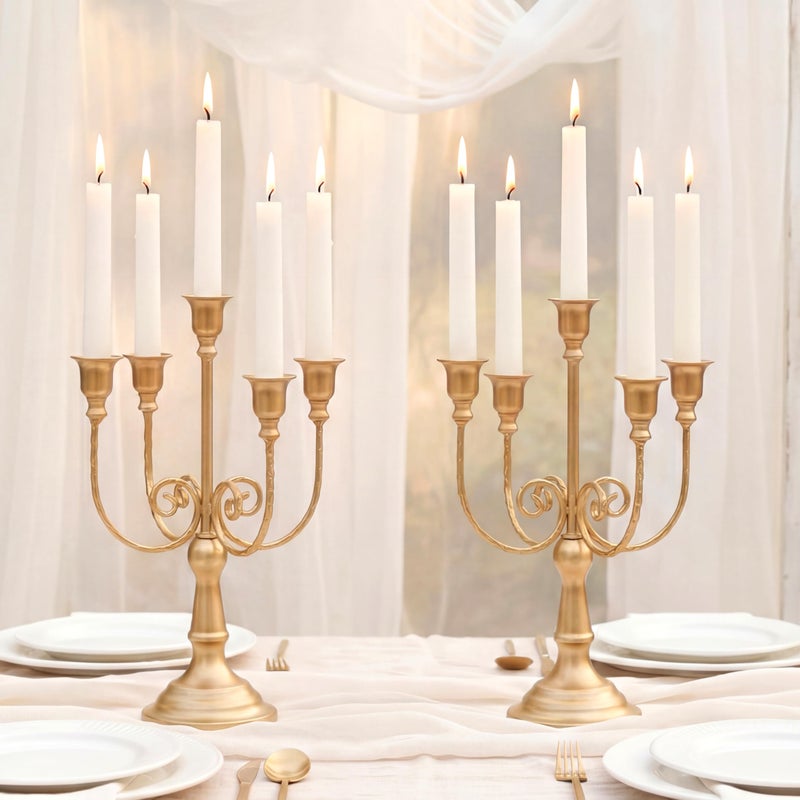 NUPTIO Gold Candelabras Candle Holder Set of 2 Metal Candelabra Centerpieces 5 Branches Candle Stick Stands Candleholder Fireplace Wedding Reception Antique Decorative Dinning Table Christmas - Image 2